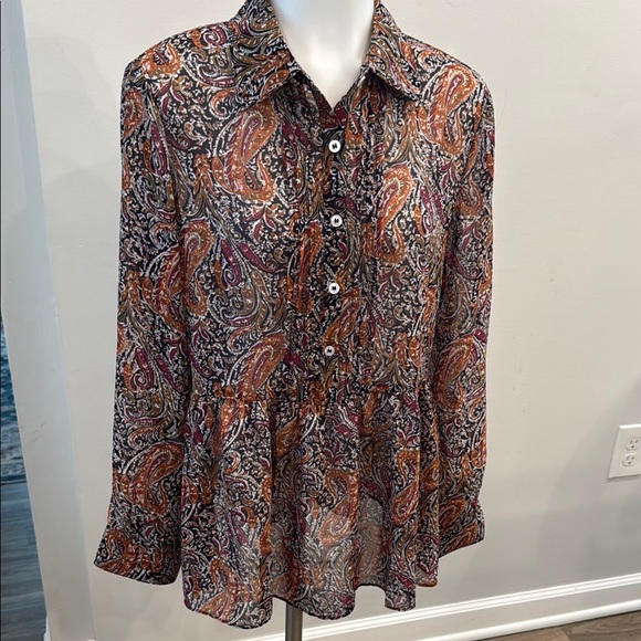 Simply Noelle Small Medium Orange and Brown Long Sleeve Peplum Blouse - Picture 1 of 10